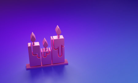 Pink Burning candles icon isolated on purple-blue background. Cylindrical candle stick with burning flame. Minimalism concept. 3D render illustration.の写真素材