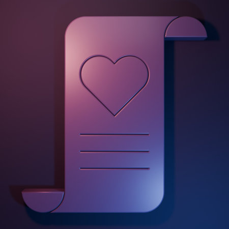 Purple Envelope with Valentine heart icon isolated on purple-blue background. Message love. Letter love and romance. Minimalism concept. 3D render illustration.の写真素材