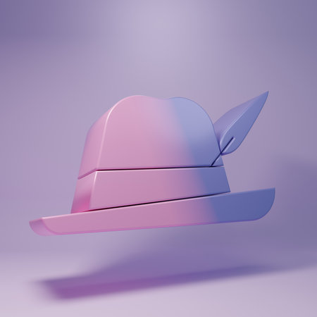 Purple Oktoberfest hat icon isolated on purple background. Hunter hat with feather. German hat. Minimalism concept. 3D render illustration.の写真素材