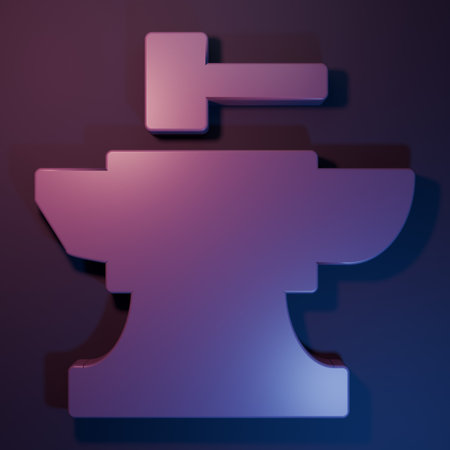 Purple Anvil for blacksmithing and hammer icon isolated on purple-blue background. Metal forging. Forge tool. Minimalism concept. 3D render illustration.の写真素材