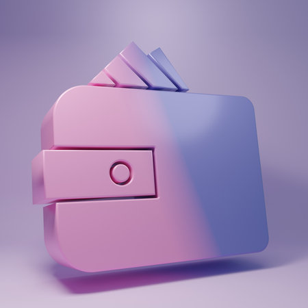 Purple Wallet with stacks paper money cash icon isolated on purple background. Purse icon. Cash savings symbol. Minimalism concept. 3D render illustration.の写真素材