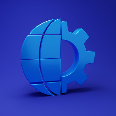 Blue Globe of the Earth and gear or cog icon isolated on blue background. Setting parameters. Global Options. Minimalism concept. 3D render illustration.の写真素材