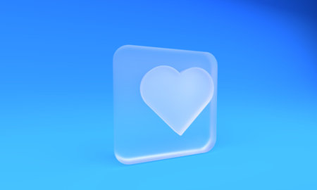 Frosted glass Heart icon isolated on blue background. Romantic symbol linked, join, passion and wedding. Valentine day symbol. Square frosted glass button. 3D render illustration.の写真素材