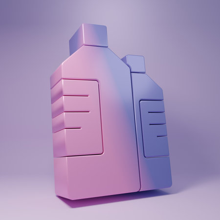 Purple Plastic bottles for laundry detergent, bleach, dishwashing liquid or another cleaning agent icon isolated on purple background. Minimalism concept. 3D render illustration.の写真素材