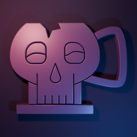 Purple Cup from the skull icon isolated on purple-blue background. Minimalism concept. 3D render illustration.の写真素材