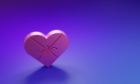 Pink Candy in heart shaped box and bow icon isolated on purple-blue background. Valentines Day. Minimalism concept. 3D render illustration.の写真素材