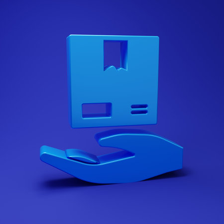 Blue Delivery hand with cardboard boxes icon isolated on blue background. Door to door delivery by courier. Minimalism concept. 3D render illustration.の写真素材