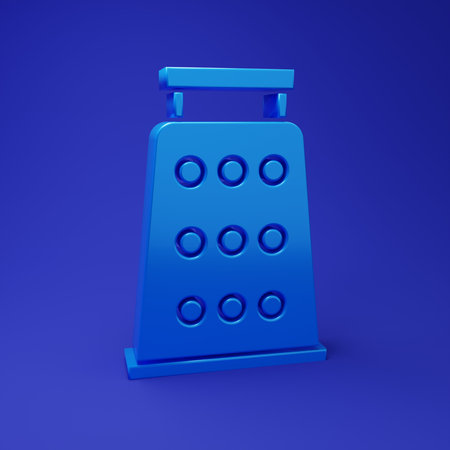 Blue Grater icon isolated on blue background. Kitchen symbol. Cooking utensil. Cutlery sign. Minimalism concept. 3D render illustration.の写真素材