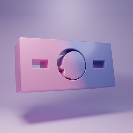 Purple Paper money cash icon isolated on purple background. Money banknotes stacks. Bill currency. Minimalism concept. 3D render illustration.の写真素材