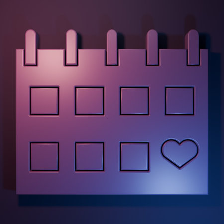 Purple Calendar with heart icon isolated on purple-blue background. Valentines day. Love symbol. February 14. Minimalism concept. 3D render illustration.の写真素材