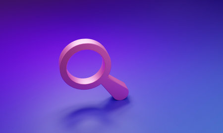 Pink Magnifying glass icon isolated on purple-blue background. Search, focus, zoom, business symbol. Minimalism concept. 3D render illustration.の写真素材