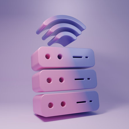 Purple Smart Server, Data, Web Hosting icon isolated on purple background. Internet of things concept with wireless connection. Minimalism concept. 3D render illustration.の写真素材