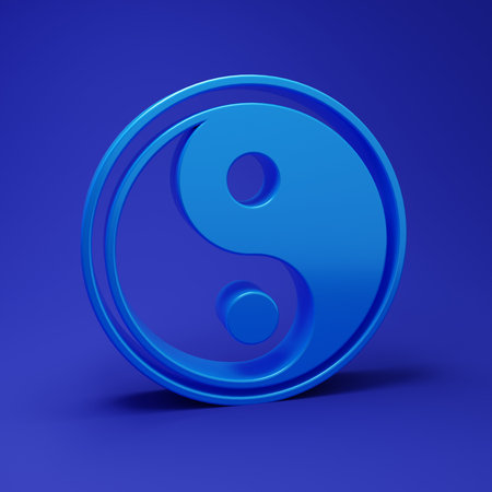 Blue Yin Yang symbol of harmony and balance icon isolated on blue background. Minimalism concept. 3D render illustration.の写真素材