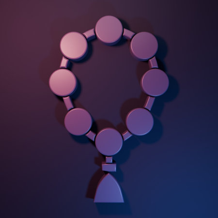 Purple Rosary beads religion icon isolated on purple-blue background. Minimalism concept. 3D render illustration.の写真素材