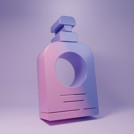 Purple hand sanitizer bottle icon isolated on purple background. Disinfection concept. Washing gel. Alcohol bottle for hygiene. Minimalism concept. 3D render illustration.の写真素材