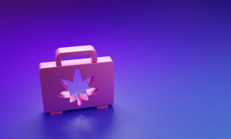 Pink Shopping box of marijuana or cannabis leaf icon isolated on purple-blue background. Hemp symbol. Minimalism concept. 3D render illustration.の写真素材