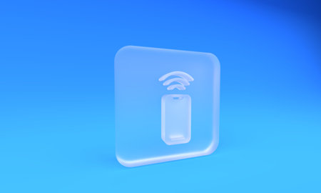 Frosted glass Wireless smartphone icon isolated on blue background. Square frosted glass button. 3D render illustration.の写真素材
