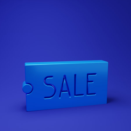 Blue Price tag with an inscription Sale icon isolated on blue background. Badge for price. Promo tag discount. Minimalism concept. 3D render illustration.の写真素材