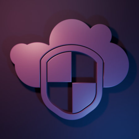 Purple Cloud and shield icon isolated on purple-blue background. Cloud storage data protection. Security, safety, protection, privacy concept. Minimalism concept. 3D render illustration.の写真素材