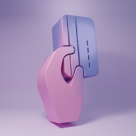 Purple Human hand holding with credit card icon isolated on purple background. Online payment. Pay by card. Financial operations. Minimalism concept. 3D render illustration.の写真素材