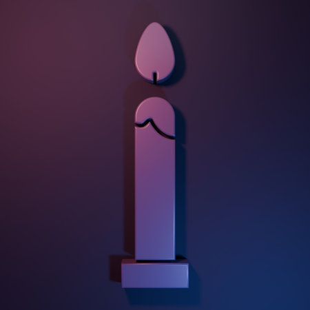 Purple Burning candle icon isolated on purple-blue background. Cylindrical candle stick with burning flame. Minimalism concept. 3D render illustration.の写真素材