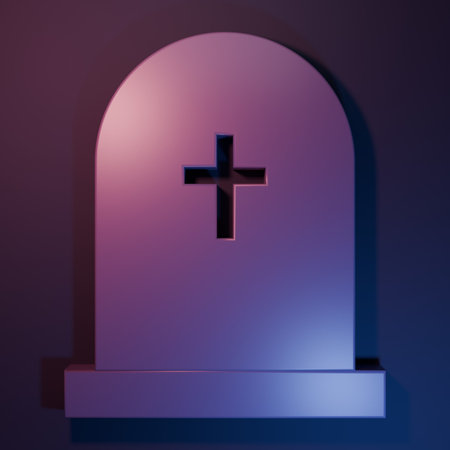 Purple Tombstone with cross icon isolated on purple-blue background. Grave icon. Minimalism concept. 3D render illustration.の写真素材