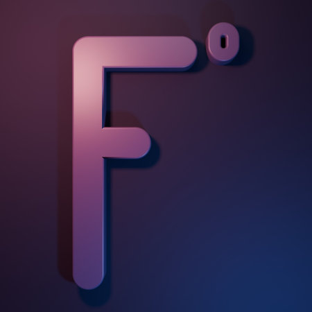 Purple Fahrenheit icon isolated on purple-blue background. Minimalism concept. 3D render illustration.の写真素材