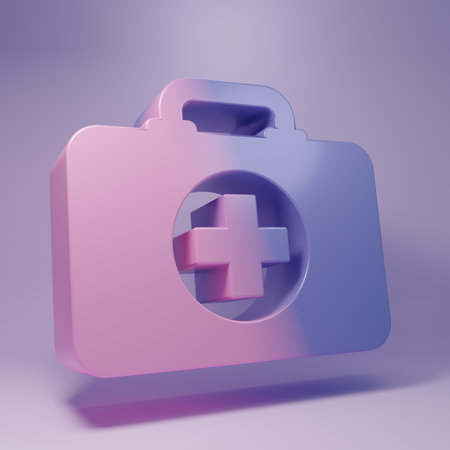 Purple First aid kit icon isolated on purple background. Medical box with cross. Medical equipment for emergency. Healthcare concept. Minimalism concept. 3D render illustration.の写真素材