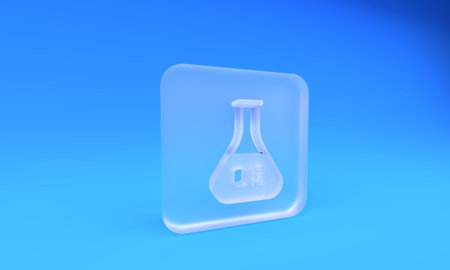 Frosted glass Test tube and flask chemical laboratory test icon isolated on blue background. Laboratory glassware sign. Square frosted glass button. 3D render illustration.の写真素材