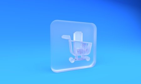 Frosted glass Shopping cart and food icon isolated on blue background. Food store, supermarket. Square frosted glass button. 3D render illustration.の写真素材
