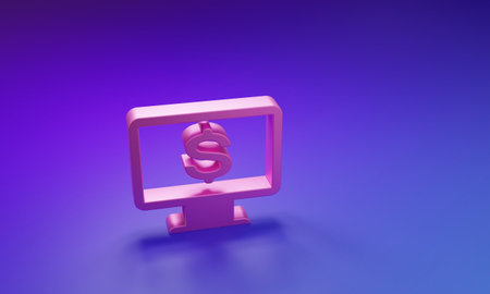 Pink Computer monitor with dollar icon isolated on purple-blue background. Internet financial security concept, online finance protection. Minimalism concept. 3D render illustration.の写真素材