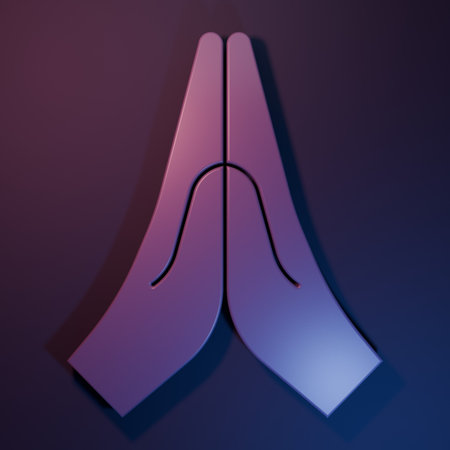 Purple Hands in praying position icon isolated on purple-blue background. Prayer to god with faith and hope. Minimalism concept. 3D render illustration.の写真素材