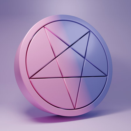 Purple Pentagram in a circle icon isolated on purple background. Magic occult star symbol. Minimalism concept. 3D render illustration.の写真素材