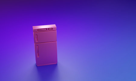 Pink Refrigerator icon isolated on purple-blue background. Fridge freezer refrigerator. Household tech and appliances. Minimalism concept. 3D render illustration.の写真素材