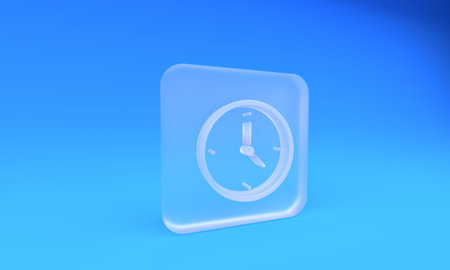 Frosted glass Clock icon isolated on blue background. Time symbol. Square frosted glass button. 3D render illustration.の写真素材
