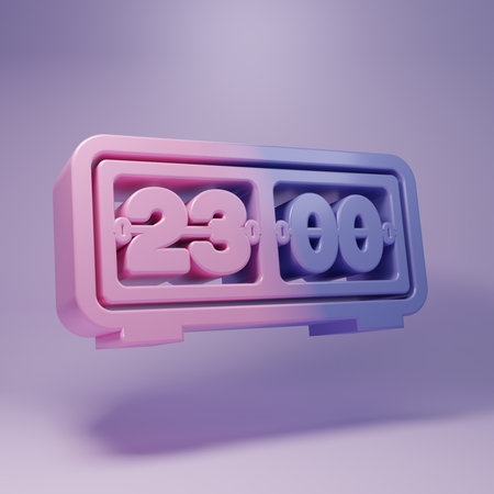 Purple Retro flip clock icon isolated on purple background. Wall flap clock, number counter template, all digits with flips. Minimalism concept. 3D render illustration.の写真素材