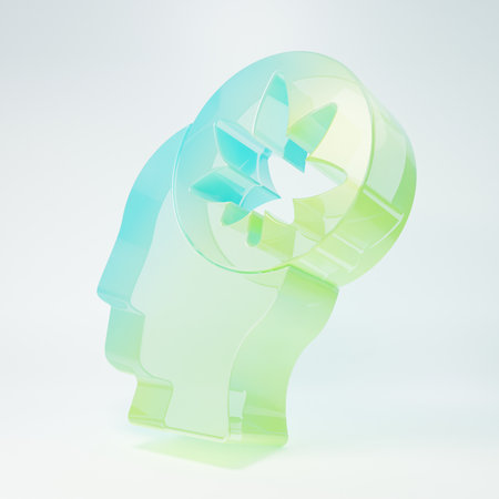 Frosted glass Male head in profile with marijuana or cannabis leaf icon isolated on white background. Marijuana legalization. Hemp symbol. Minimalism concept. 3D render illustration.の写真素材
