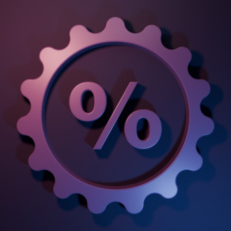 Purple Discount percent tag icon isolated on purple-blue background. Shopping tag sign. Special offer sign. Discount coupons symbol. Minimalism concept. 3D render illustration.の写真素材