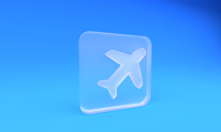 Frosted glass Plane icon isolated on blue background. Flying airplane icon. Airliner sign. Square frosted glass button. 3D render illustration.の写真素材