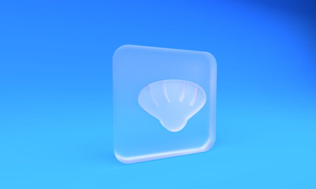 Frosted glass Scallop sea shell icon isolated on blue background. Seashell sign. Square frosted glass button. 3D render illustration.の写真素材