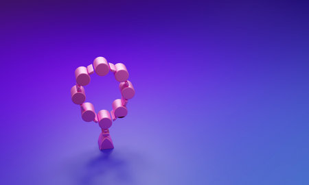 Pink Rosary beads religion icon isolated on purple-blue background. Minimalism concept. 3D render illustration.の写真素材