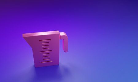 Pink Measuring cup to measure dry and liquid food icon isolated on purple-blue background. Plastic graduated beaker with handle. Minimalism concept. 3D render illustration.の写真素材