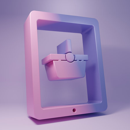 Purple Shopping basket on screen tablet icon isolated on purple background. Concept e-commerce, e-business, online business marketing. Minimalism concept. 3D render illustration.の写真素材