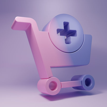 Purple Add to Shopping cart icon isolated on purple background. Online buying concept. Delivery service sign. Supermarket basket symbol. Minimalism concept. 3D render illustration.の写真素材