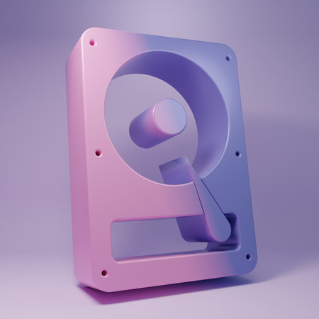 Purple Hard disk drive HDD icon isolated on purple background. Minimalism concept. 3D render illustration.の写真素材