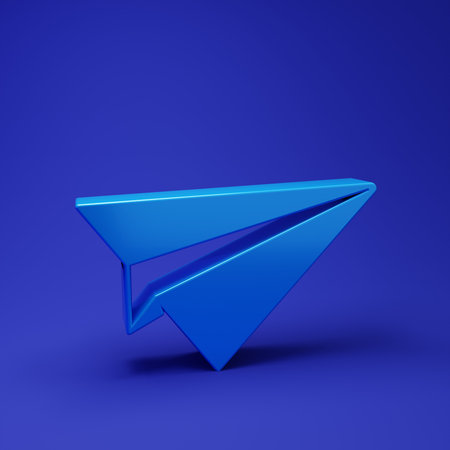 Blue Paper plane icon isolated on blue background. Paper airplane icon. Aircraft sign. Minimalism concept. 3D render illustration.の写真素材