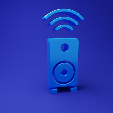 Blue Smart stereo speaker system icon isolated on blue background. Sound system speakers. Internet of things concept with wireless connection. Minimalism concept. 3D render illustration.の写真素材