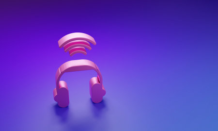 Pink Smart headphones system icon isolated on purple-blue background. Internet of things concept with wireless connection. Minimalism concept. 3D render illustration.の写真素材