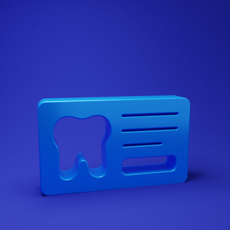 Blue Clipboard with dental card or patient medical records icon isolated on blue background. Dental insurance. Dental clinic report. Minimalism concept. 3D render illustration.の写真素材