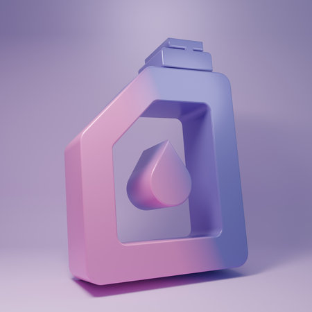 Purple Canister for motor machine oil icon isolated on purple background. Oil gallon. Oil change service and repair. Engine oil sign. Minimalism concept. 3D render illustration.の写真素材